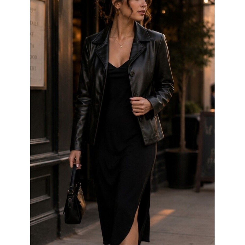 Black Leather Jacket/Coat Button Up M Pockets Y2K Baddie Mobwife Luxury